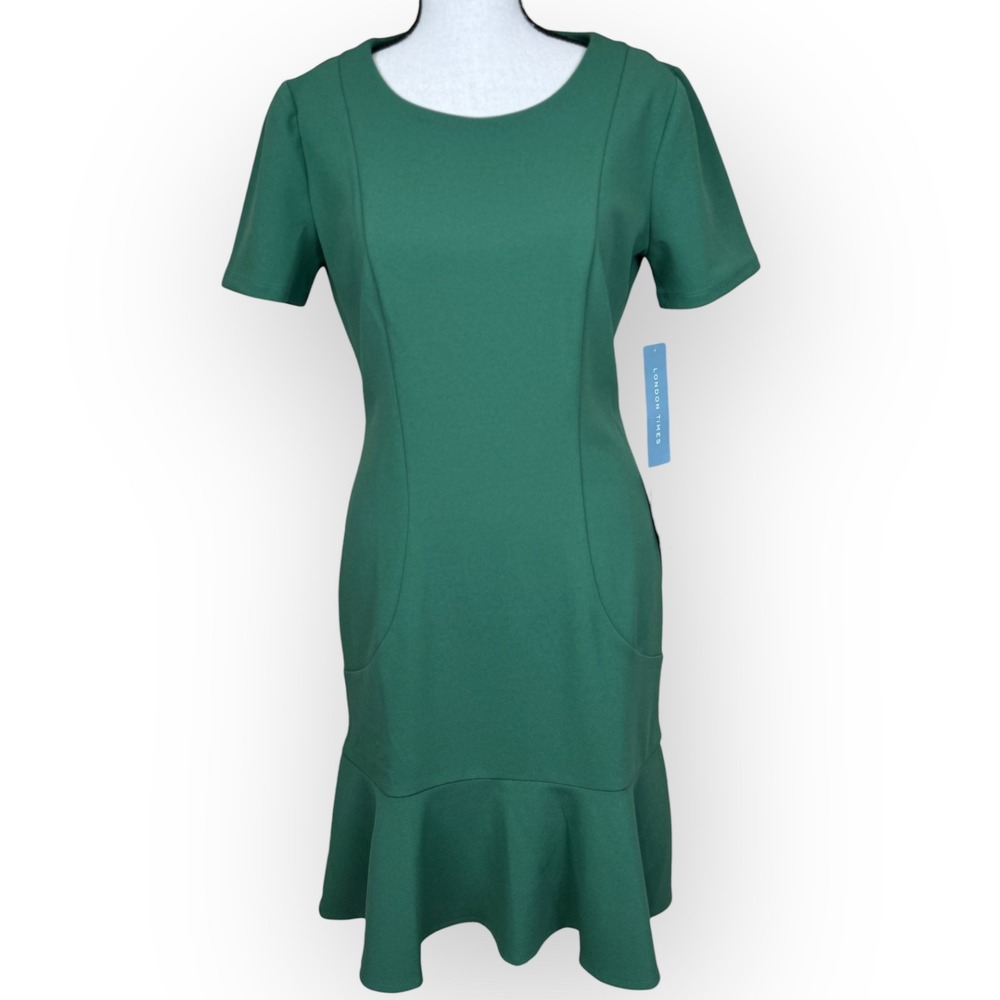 London Times‎ Green Short Sleeve Flounce Hem Sheath Dress Women US Size 4